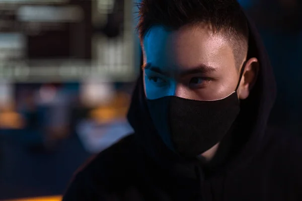Cybercrime Hacking Technology Concept Close Hacker Wearing Black Mask Hoodie — Fotografia de Stock