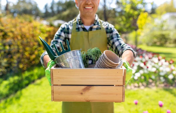 Gardening People Concept Close Happy Smiling Man Tools Box Summer — Stock Photo, Image