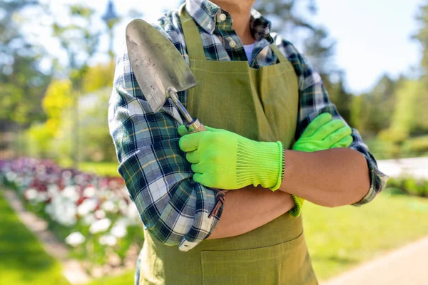 Gardening People Concept Close Middle Aged Man Apron Scoop Crossed — Stockfoto