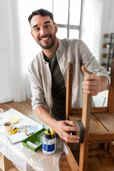 Furniture Renovation Diy Home Improvement Concept Man Sanding Old Wooden —  Fotos de Stock