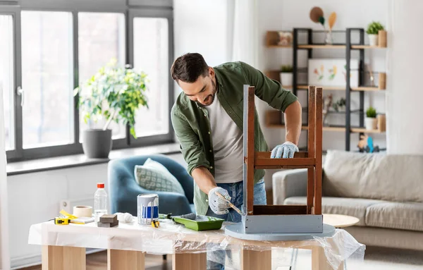 Furniture Renovation Diy Home Improvement Concept Happy Smiling Man Gloves — Fotografia de Stock