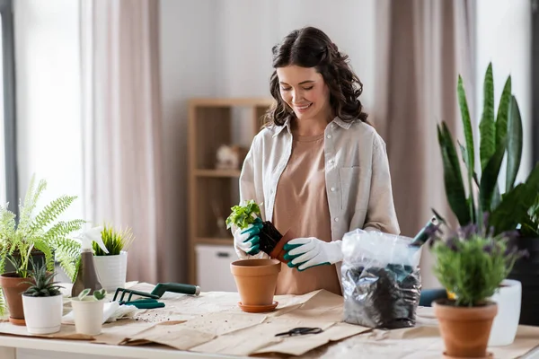 People Gardening Housework Concept Happy Woman Gloves Planting Pot Flowers — Stok fotoğraf