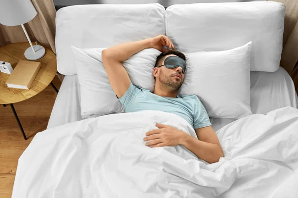 People Bedtime Rest Concept Man Eye Mask Sleeping Bed Home —  Fotos de Stock