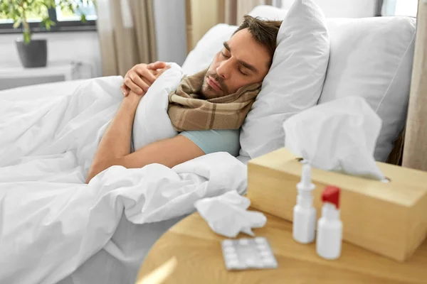Health People Concept Sick Man Medicines Night Table Sleeping Bed — Photo