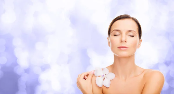 Beauty Bodycare People Concept Beautiful Woman Orchid Flower Lights Violet — Stock Fotó