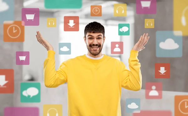 Emotions People Concept Smiling Young Man Yellow Sweatshirt Mobile App — 图库照片