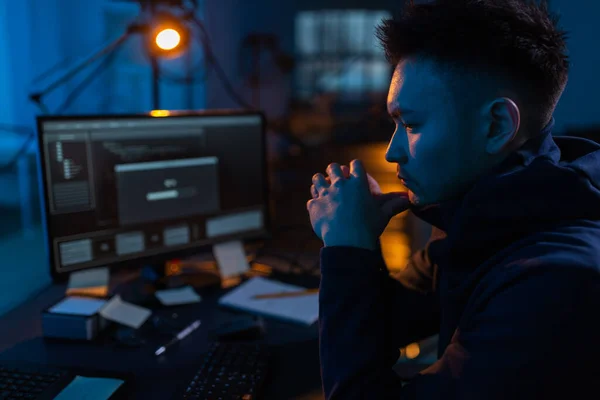 Cybercrime Hacking Technology Concept Close Male Hacker Dark Room Using — Foto de Stock