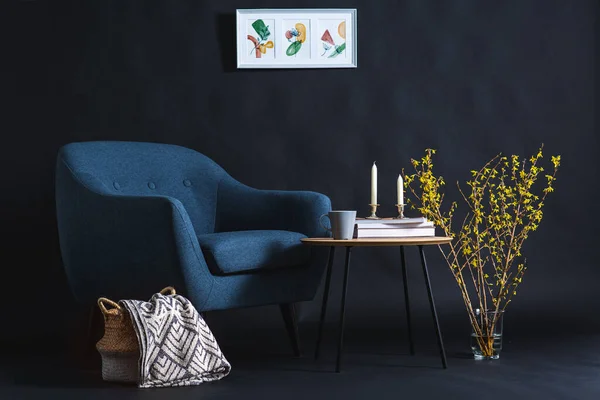 Interior Home Decor Concept Close Blue Chair Coffee Table Blanket — Stok fotoğraf