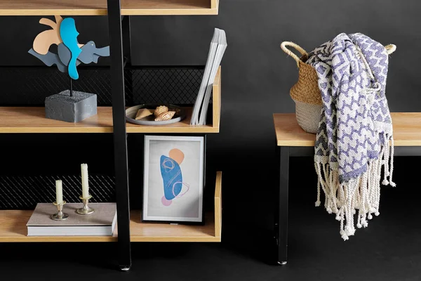 Interior Home Decor Concept Book Shelf Art Decorations Black Background — Fotografia de Stock