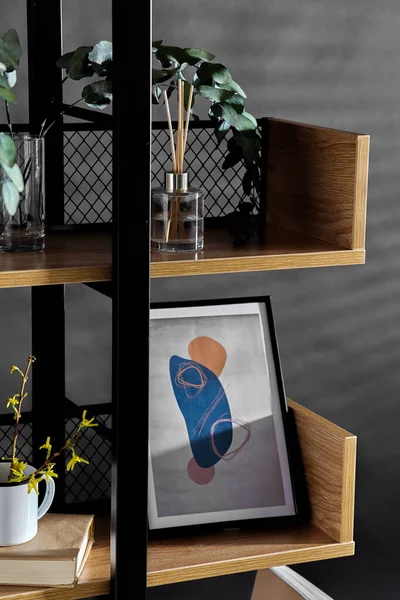 Interior Home Decor Concept Book Shelf Art Decorations Black Background — 图库照片