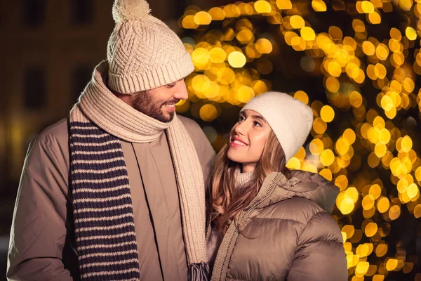 Love Winter Holidays People Concept Happy Smiling Couple Hugging Christmas —  Fotos de Stock