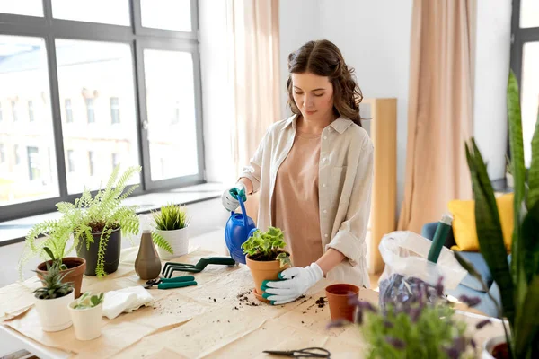 People Gardening Housework Concept Happy Woman Gloves Watering Can Planting — Stock Photo, Image