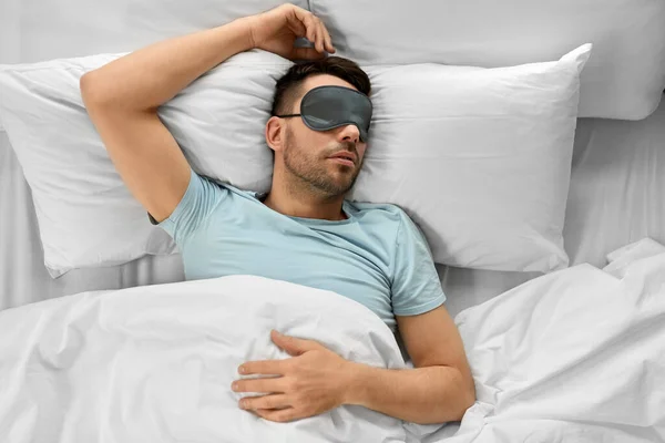 People Bedtime Rest Concept Man Eye Mask Sleeping Bed Home —  Fotos de Stock