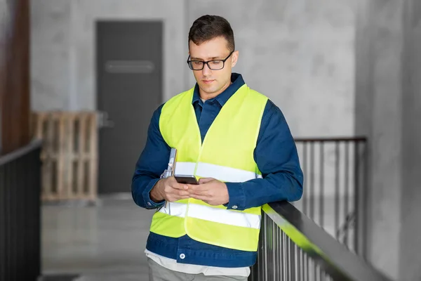Architecture Construction Business Building Concept Male Architect Safety West Smartphone — Stock Photo, Image