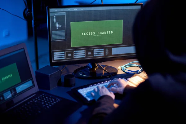 Cybercrime Hacking Technology Concept Close Hacker Dark Room Breaking Security — Stockfoto