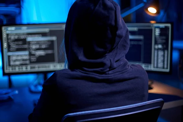 Cybercrime Hacking Technology Concept Close Hacker Dark Room Writing Code — Stockfoto