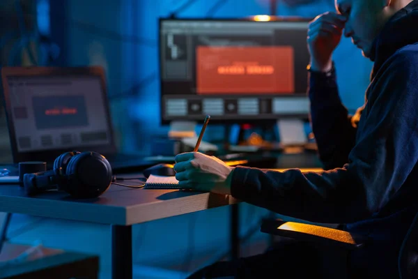 Cybercrime Hacking Technology Concept Close Male Hacker Dark Room Writing — Foto de Stock
