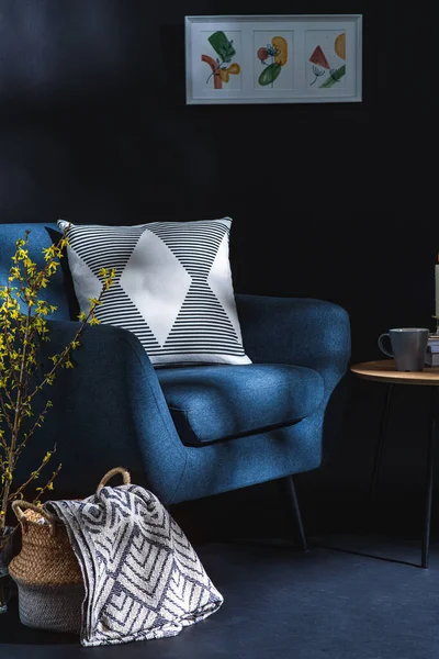 Interior Home Decor Concept Close Blue Chair Pillow Blanket Wicker — Stock fotografie