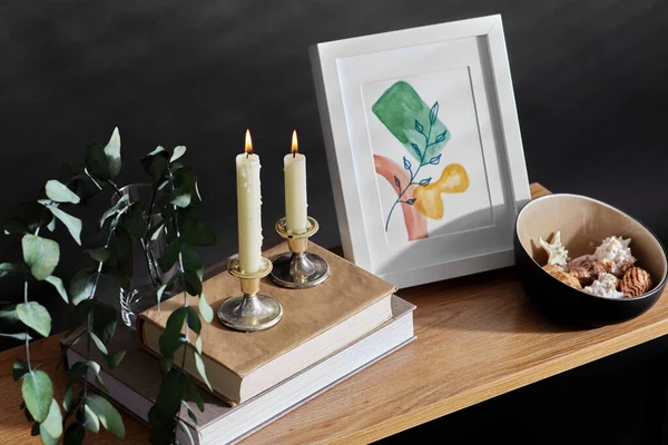 Interior Home Decor Concept Close Bench Burning Candles Picture Frame — Stock fotografie