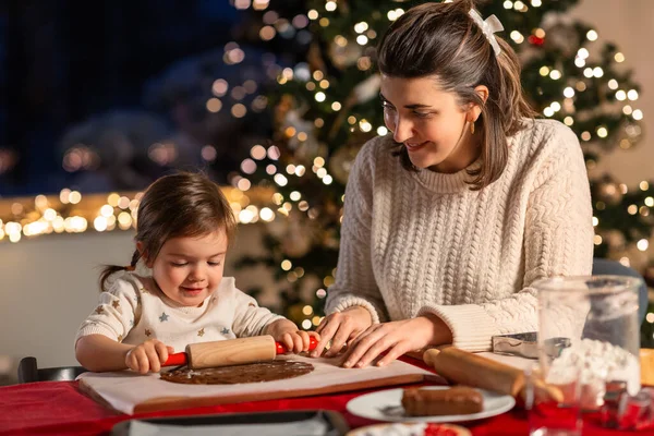 Family Cooking Winter Holidays Concept Happy Mother Baby Daughter Rolling — Stock Photo, Image