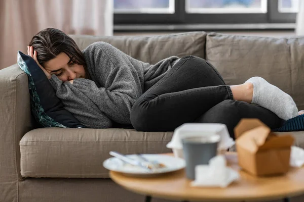 Mental Health Psychological Problem Depression Concept Stressed Woman Lying Sofa — Stockfoto