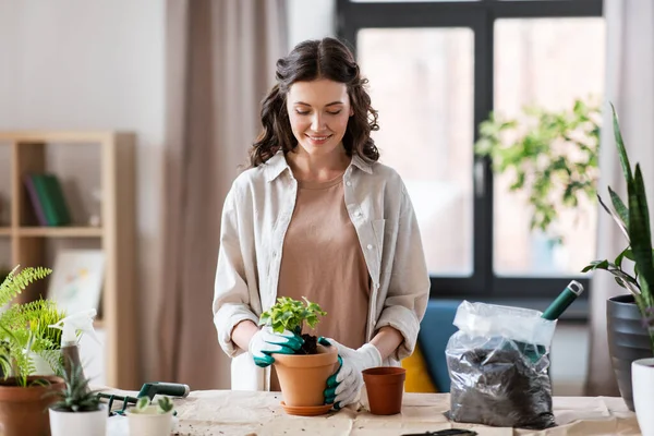 People Gardening Housework Concept Happy Woman Gloves Planting Pot Flowers — Zdjęcie stockowe