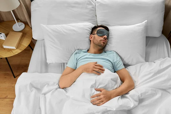 People Bedtime Rest Concept Man Eye Mask Sleeping Bed Home — Stock Fotó