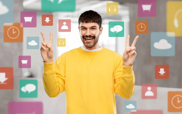 Gesture Count People Concept Happy Smiling Young Man Yellow Sweatshirt — Fotografia de Stock