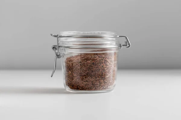 Food Healthy Eating Diet Concept Jar Flax Seeds White Background — Stockfoto