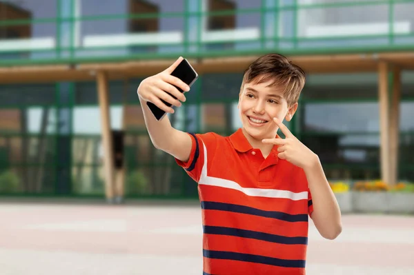 Childhood Education Technology Concept Portrait Happy Smiling Boy Red Polo — Zdjęcie stockowe