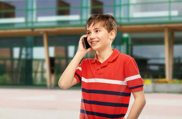 Childhood Education Technology Concept Portrait Happy Smiling Boy Red Polo — Stock Photo, Image