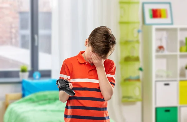 Gaming Leisure People Concept Unhappy Boy Red Polo Shirt Gamepad —  Fotos de Stock