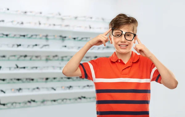 Vision Eyesight Children Concept Portrait Happy Smiling Boy Crooked Eyeglasses — Stockfoto