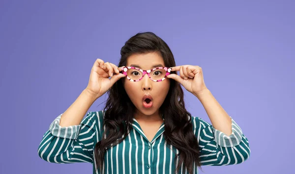 Party Props Photo Booth People Concept Surprised Woman Glasses Violet — Fotografia de Stock