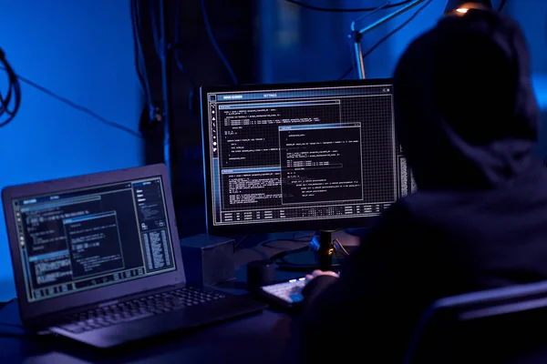 Cybercrime Hacking Technology Concept Hacker Dark Room Writing Code Using — Fotografia de Stock