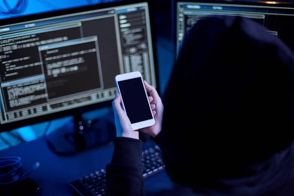 Cybercrime Hacking Technology Concept Close Male Hacker Smartphone Using Computer — Stock Photo, Image