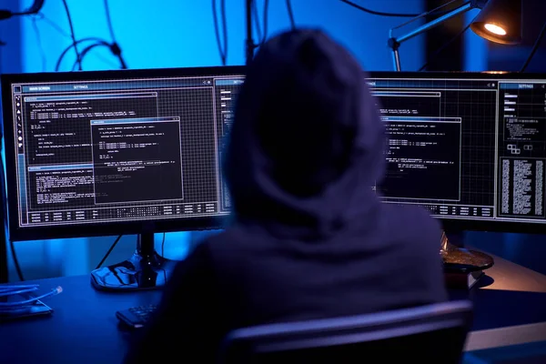 Cybercrime Hacking Technology Concept Hacker Dark Room Writing Code Using — 图库照片