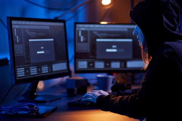 Cybercrime Hacking Technology Concept Female Hacker Dark Room Writing Code — Stok fotoğraf