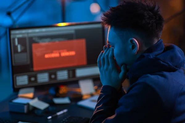 Cybercrime Hacking Technology Concept Close Male Hacker Dark Room Using — Stock Fotó