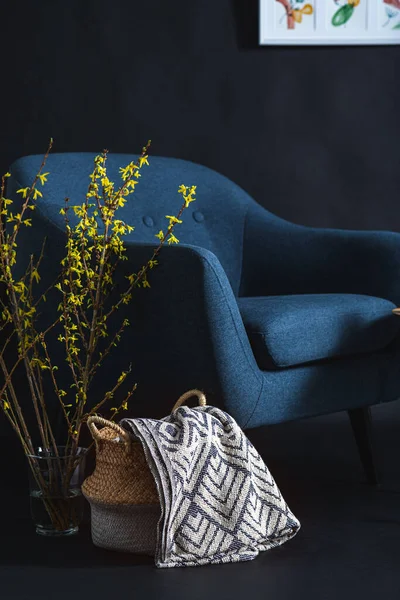 Interior Home Decor Concept Close Blue Chair Blanket Wicker Basket — Foto de Stock