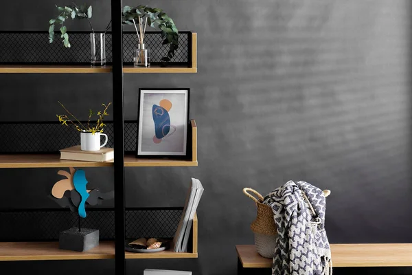Interior Home Decor Concept Book Shelf Art Decorations Black Background — Fotografia de Stock