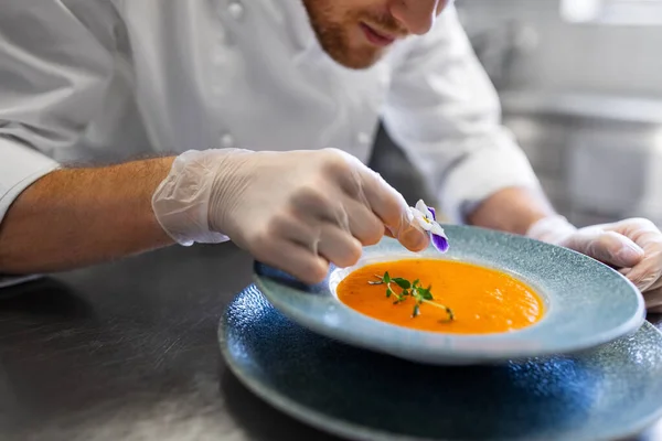 Food Cooking Profession People Concept Close Male Chef Flower Serving — Stock Photo, Image