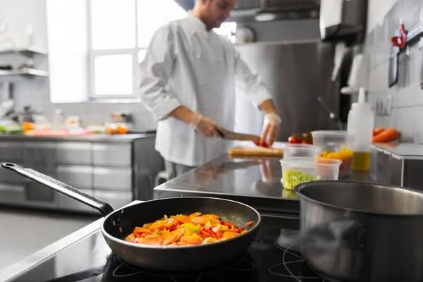 Cooking Food Profession People Concept Close Frying Pan Stewing Vegetables — ストック写真