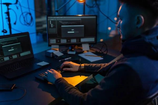 Cybercrime Hacking Technology Concept Close Male Hacker Dark Room Writing — Stockfoto