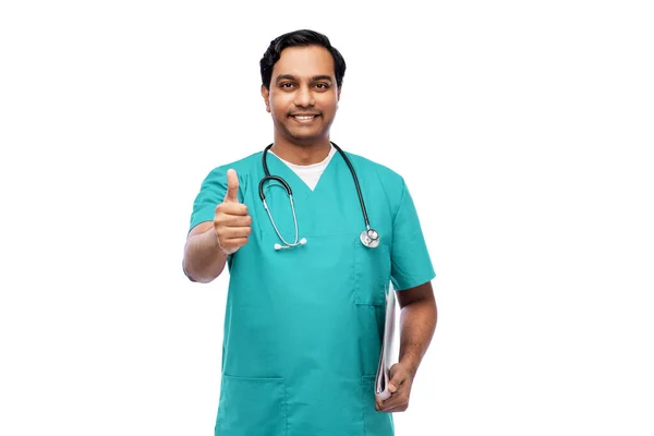 Gezondheidszorg Beroep Geneeskunde Concept Gelukkig Glimlachende Indiase Arts Mannelijke Verpleegkundige — Stockfoto