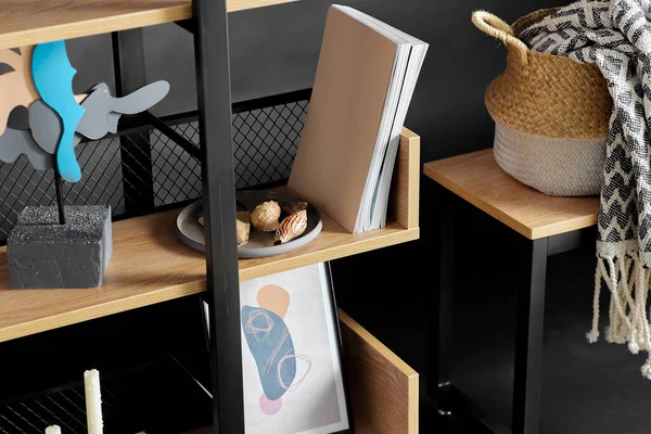 Interior Home Decor Concept Close Book Shelf Art Decorations Black — Fotografia de Stock
