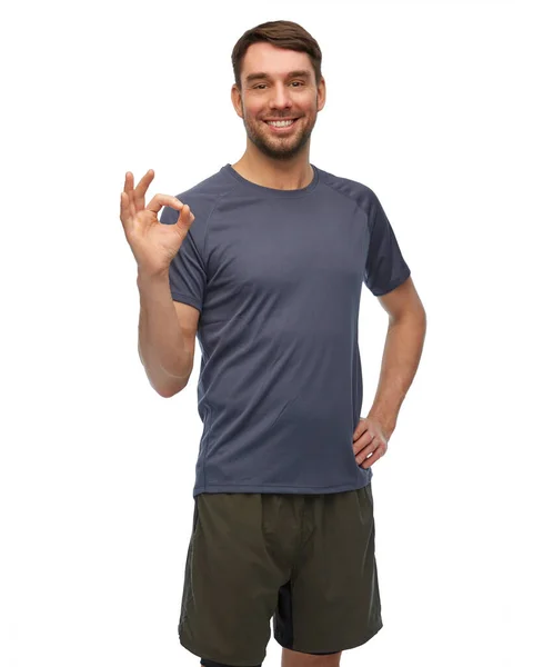 Fitness Sport Healthy Lifestyle Concept Smiling Man Sports Clothes Showing — Stock Photo, Image