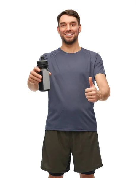 Fitness Sport Healthy Lifestyle Concept Smiling Man Sports Clothes Bottle — Stock Photo, Image