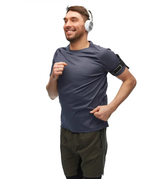 Fitness Sport Healthy Lifestyle Concept Happy Smiling Man Headphones Smartphone — Foto de Stock