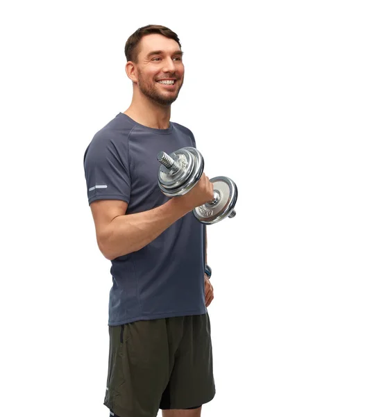 运动和健美的概念 快乐的微笑男人 带着哑铃在白色背景下锻炼 — 图库照片